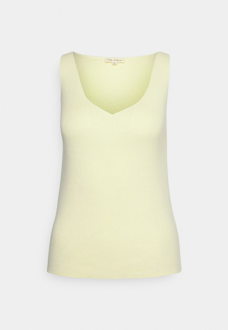 Top senza maniche in maglia gialla chiara a coste con scollo a V e silhouette aderente, mostrato su uno sfondo bianco semplice.