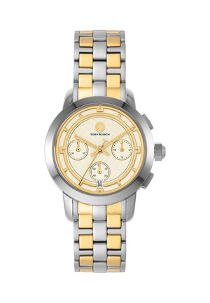 Dwukolorowy srebrno-złoty zegarek na metalowej bransolecie z kremową tarczą z złotymi akcentami, trzema subtarczami, okienkiem daty oraz logo Tory Burch na godzinie 12.