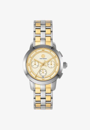Tofarvet sølv- og guldbelagt metal armbåndsur med cremefarvet urskive med gyldne accentdetaljer, tre delskiver, datovindue og Tory Burch-logo kl. 12.