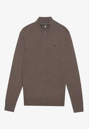 Brown knitted pullover sweater with a high collar and half zipper. Features ribbed cuffs and hem, and a small logo on the chest area.
