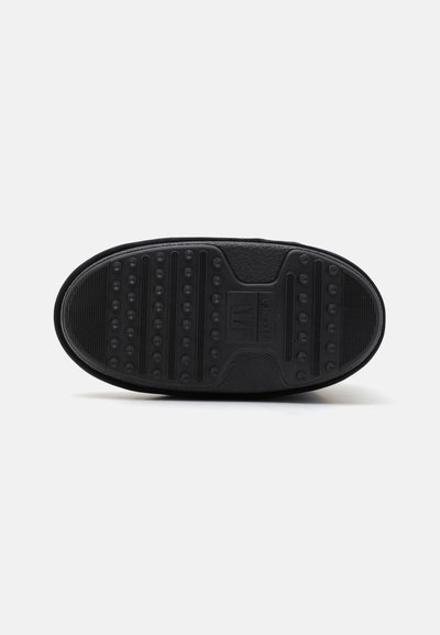 Black shoe sole with rubber material, featuring a ridged pattern and small circular grips for traction. Flat, rounded shape with branding detail.