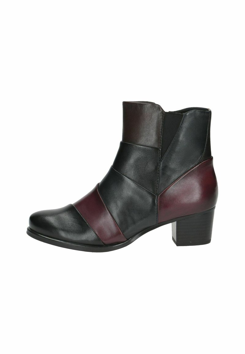 Bottines en cuir noires et bordeaux avec un bout rond, présentant un panneau horizontal et un talon épais. Texture lisse, empiècement élastique sur le côté.