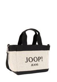 Torba na ramię z płótna w kremowym i czarnym kolorze. Posiada podwójne uchwyty, zamknięcie na suwak oraz wyraźne logo nadrukowane z przodu. Kwadratowy kształt.