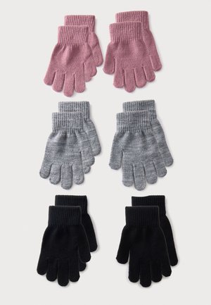 Drei Paar gestrickte Handschuhe in Pink, Grau und Schwarz, angeordnet in drei Reihen auf hellem Hintergrund.