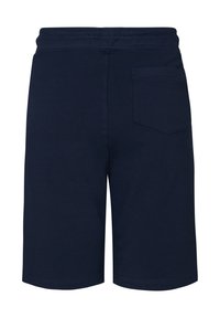 Navyblauwe katoenen shorts met een eenvoudig ontwerp, elastische tailleband en een enkele achterzak. De zoom is netjes afgewerkt.