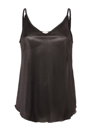 Zwarte zijde camisole met dunne verstelbare bandjes, v-hals, uitlopende zoom en een gladde, glanzende textuur. Geen patronen of versieringen aanwezig.