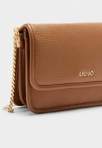 Hnědá kožená crossbody taška s texturovaným povrchem, zlatým řetízkovým popruhem a klopou se zdobením z kovového loga.