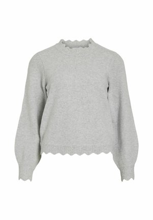 Pull en tricot gris clair à manches longues avec des bords festonnés au niveau du col, des poignets et de l'ourlet, présentant une coupe légèrement ample.