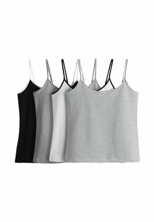 Fünf Damen-Spaghetti-Trägertops in Schwarz, Grau, Weiß und Weiß mit schwarzen Streifen, nebeneinander auf einem weißen Hintergrund angeordnet.