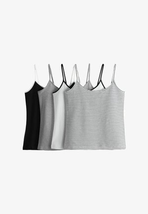 Fünf Damen-Spaghetti-Trägertops in Schwarz, Grau, Weiß und Weiß mit schwarzen Streifen, nebeneinander auf einem weißen Hintergrund angeordnet.