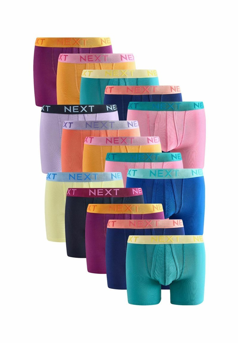Különböző színekben kapható boxer alsónadrág, beleértve a lila, sárga, narancssárga, rózsaszín, teal és tengerészkék árnyalatokat. Puha anyag, kontrasztos gumírozott derékbőséggel, amelyen a "NEXT" logó található.