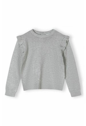 Pull en maille gris clair avec manches longues et petits volants au niveau des coutures des épaules, poignets, col et ourlet côtelés.