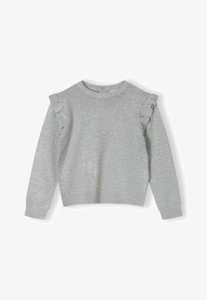 Pull en maille gris clair avec manches longues et petits volants au niveau des coutures des épaules, poignets, col et ourlet côtelés.