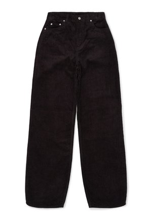 Pantalones de pana negros de pierna ancha con diseño de cinco bolsillos, cierre delantero de botón y textura acanalada.