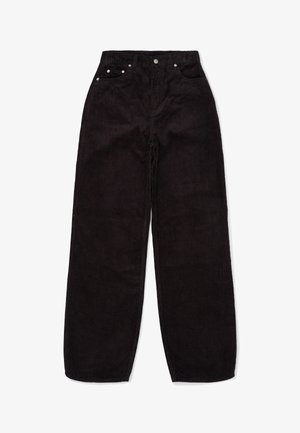 Czarne sztruksowe spodnie o szerokich nogawkach, wyposażone w pięć kieszeni, z zapięciem na guziki z przodu oraz prążkowaną teksturą.