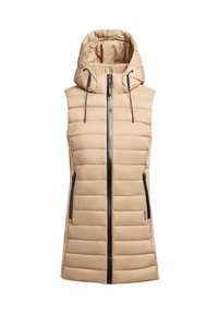 Gilet imbottito beige con cappuccio, design a righe orizzontali, chiusura con zip nera e tasche laterali. Coulisse regolabile sul cappuccio.