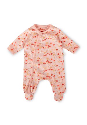Pinkfarbener Baby-Strampler mit langen Ärmeln, bedeckten Füßen und durchgehendem rot-gelb-blauem Blumenmuster, Druckknöpfen vorne.