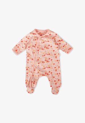 Pinkfarbener Baby-Strampler mit langen Ärmeln, bedeckten Füßen und durchgehendem rot-gelb-blauem Blumenmuster, Druckknöpfen vorne.