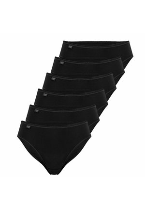Set of six black cotton women’s briefs with a smooth texture, seamless design, and stitched waistband. Features a small logo tag on each pair.
