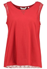 Top rouge sans manches pour femme avec détail en dentelle aux épaules, à l'encolure et à l'ourlet, taille moyenne, marque Naf Naf.