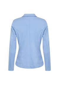 Jachetă lungă cu mâneci, de culoare albastru deschis, cu un design ajustat, guler în rând și detalii cusute pe spate și pe mâneci. Textură netedă.