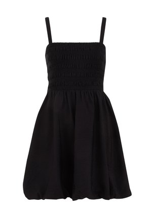 Un vestido negro con tirantes finos y un cuerpo fruncido. Falda acampanada en forma de globo, hecha de una tela ligera con un aspecto texturizado.