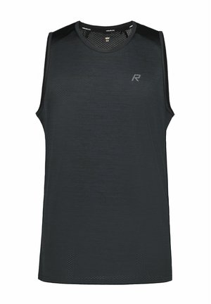 Canotta sportiva nera senza maniche con scollo rotondo e piccolo logo riflettente "R" sulla parte superiore sinistra del petto.