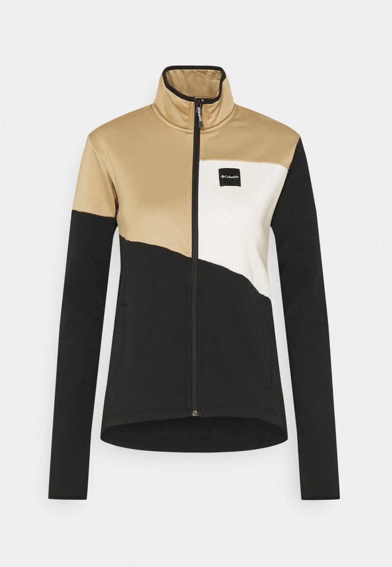 Veste zippée en noir, beige et blanc, avec un col haut, un design à blocs de couleurs et un patch logo sur le côté supérieur gauche à l'avant.