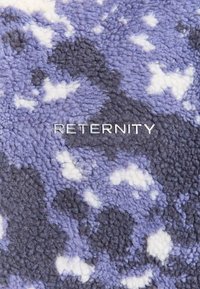 Purple and white fleece fabric with a cloud pattern, featuring the metallic logo "RETERNITY" embossed at the bottom.