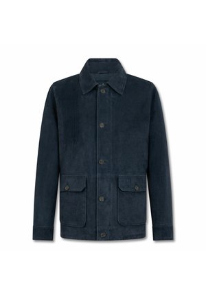 Veste en daim bleu marine avec un devant à boutons, deux poches avant et un col. Présente un panneau texturé sur le côté gauche.