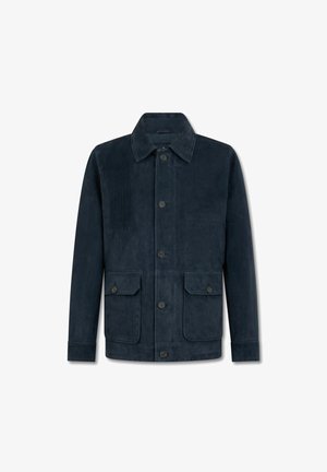 Navyblaue Wildlederjacke mit Knopfleiste, zwei Vorderaschen und Kragen. Mit einem strukturierten Paneel auf der linken Seite.