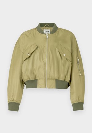 Cropped bomber jacket in olive green, made of smooth nylon with ribbed cuffs and hem. Features two angled front pockets and a zippered sleeve pocket.