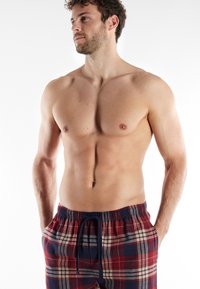 Pantalones cortos de loungewear de cuadros en tonos rojo, azul marino y beige. Fabricados con una tela suave, cuentan con una cintura elástica y bolsillos laterales.