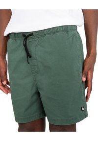 Shorts di cotone verdi con cintura elastica e cordino nero. Orlo modificato e un piccolo etichetta del marchio sul lato destro.