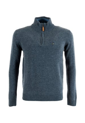 Pull en laine mélangée bleu foncé, avec un col à moitié zippé, des poignets et un ourlet côtelés, et un petit logo sur la poitrine.