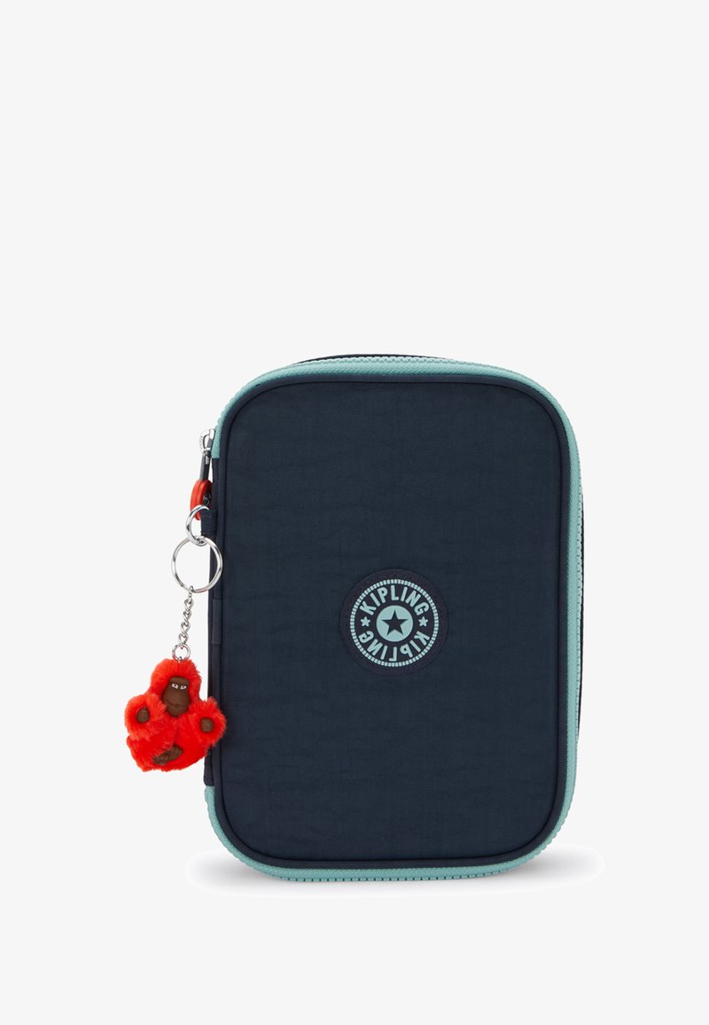 Kipling Marinefarbener Federmäppchen mit hellblauem Reißverschluss, strukturiertem Stoff, runder Logo-Patch und rotem Affen-Schlüsselanhänger.