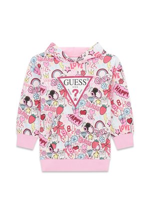Różowa i biała dziecięca bluza z kapturem z kolorowymi bazgrołami, w tym tęczami, truskawkami, sercami, gwiazdkami i logo Guess z przodu.