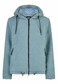 Veste en polaire bleu clair avec capuche, fermeture éclair intégrale, cordons de serrage noirs, poches latérales zippées et texture extérieure. Matière douce et chaude.
