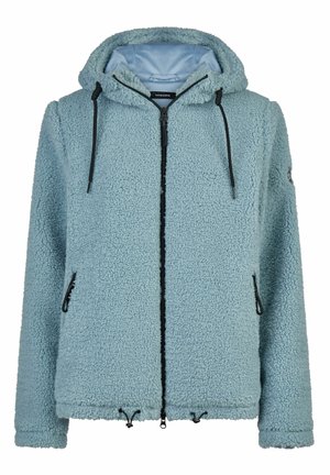 Hellblaue Fleecejacke mit Kapuze, durchgehendem Reißverschluss, schwarzen Zugbändern, seitlichen Reißverschlusstaschen und strukturiertem Außenmaterial. Weiches, warmes Material.