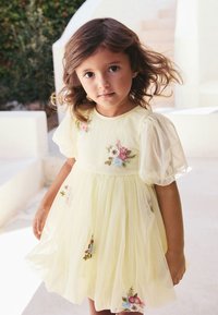 Gelbes Kleid mit bestickten Blumenmustern, Puffärmeln und ausgestelltem Rock. Durchscheinende Textur betont zartes Erscheinungsbild.