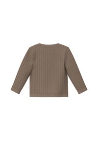 Brązowy sweter prążkowany, z długimi rękawami i okrągłym dekoltem. Wykonany z miękkiego materiału o teksturowanym wykończeniu. Pokazany widok z tyłu.