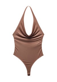 Costume da bagno marrone con scollo a halter, design drappeggiato sul davanti, finitura senza cuciture, gambe alte e chiusura a scatto nella parte inferiore. Texture liscia e lucida.