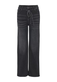 Pantalons en denim noir à jambes larges avec une taille à cordon de serrage, poches avant et décoloration subtile. Le tissu a une texture lisse.