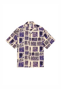 Short-sleeve shirt in cream with a purple square pattern featuring various textures and designs, including floral and abstract elements.