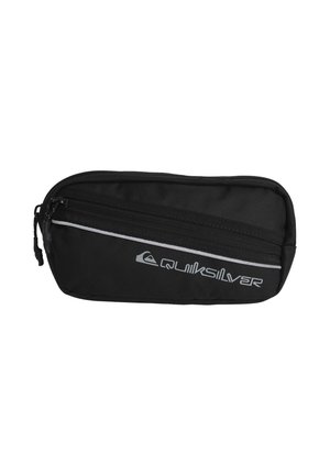 Black zippered pouch made of durable fabric, featuring a sleek design with a grey logo and reflective stripe for visibility.