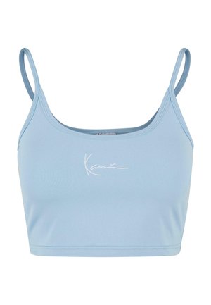 Light blue cropped tank top made of smooth fabric with thin straps. Features a white embroidered logo on the front.