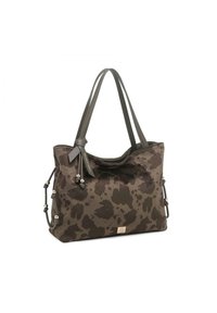 Borsa tote marrone scuro con motivo a pois, realizzata in tessuto. Presenta manici doppi, legature decorative e dettagli in tono argento.
