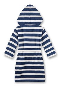 Gestreepte badjas met een capuchon, gemaakt van zachte stof. Kleurenpatroon: marineblauw en witte horizontale strepen. Inclusief een riem in de taille.