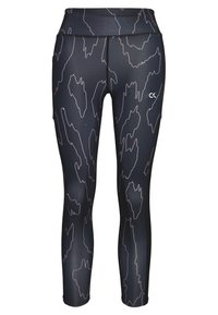 Leggings noirs avec un motif abstrait blanc contrasté, taille mi-haute, design ajusté et texture lisse.