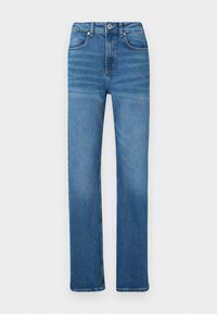 Blue denim jeans with a straight cut, featuring a button and zipper closure, five pockets, and subtle fading along the legs.